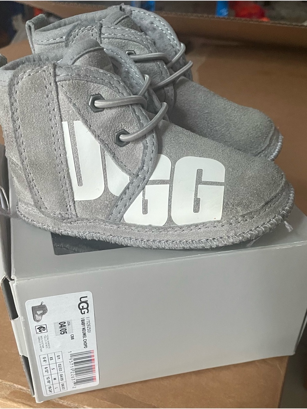 UGG Grey Suede Baby Booties with White Logo